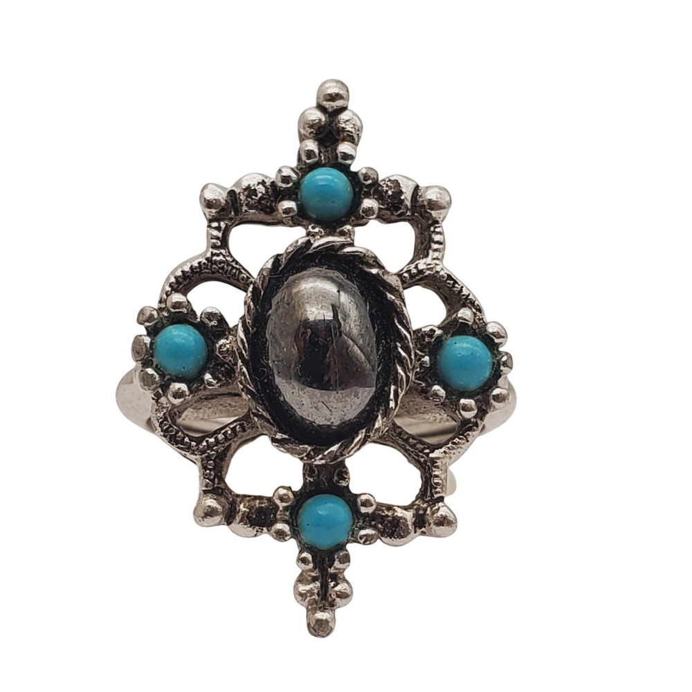 Avon Ring Silver Tone Faux Hematite & Turquoise Size 4.5 Gothic Mirabella 1974
